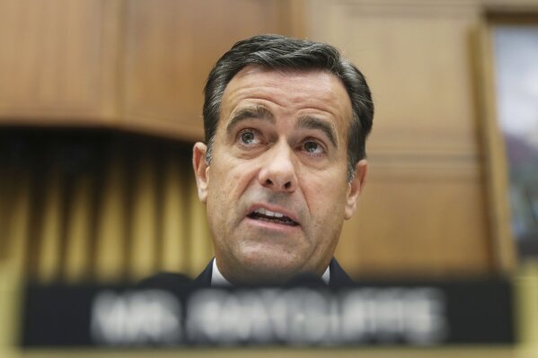 FILE - In this Wednesday, July 24, 2019, file photo, Rep. John Ratcliffe, R-Texas., questions former special counsel Robert Mueller as he testifies before the House Intelligence Committee hearing on his report on Russian election interference, on Capitol Hill in Washington. President Donald Trump tweeted Sunday that the nation’s top intelligence official would step aside on Aug. 15, and that he would nominate Rep. John Ratcliffe to the post, following a report Director of National Intelligence Dan Coats is leaving his job next month. (AP Photo/Andrew Harnik, File)