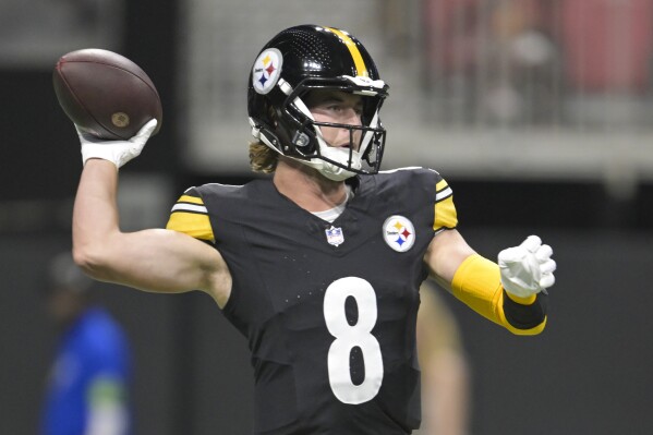 Pittsburgh Steelers quarterback Kenny Pickett passes against the Atlanta Falcons during the first half of a preseason NFL football game Thursday, Aug. 24, 2023, in Atlanta. (AP Photo/Hakim Wright)