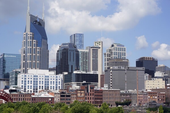 FILE - The Nashville, Tenn., skyline is seen on July 11, 2022. Tennessee is facing its first court challenge Wednesday, Aug 9, 2023, over a congressional redistricting map that carved up Democratic-leaning Nashville to help Republicans flip a seat in last year's elections, a move that the plaintiffs say has unconstitutionally diluted the power of Black voters and other communities of color. (AP Photo/Mark Humphrey, File)