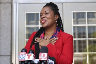 FILE - Attorney Monique Worrell of the 9th Judicial Circuit, which serves Orange and Osceola counties, speaks during a press conference, Aug. 9, 2023, outside her former office in the Orange County Courthouse complex in Orlando, Fla. (Ricardo Ramirez Buxeda/Orlando Sentinel via AP, File)