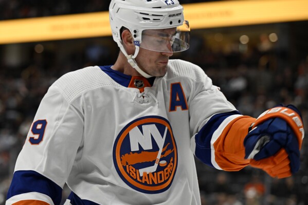 New York Islanders center Brock Nelson reacts after scoring against the Anaheim Ducks during the first period of an NHL hockey game in Anaheim, Calif., Sunday, March 10, 2024. (AP Photo/Alex Gallardo)