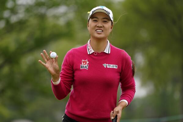 Minjee Lee, of Australia, reacts after making her putt on the sixth green during the second round of the LPGA Cognizant Founders Cup golf tournament, Friday, May 13, 2022, in Clifton, N.J. (AP Photo/John Minchillo)