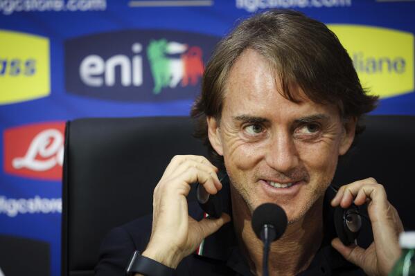 Italy coach Roberto Mancini meets the media during a news conference ahead of Thursday's Euro 2024 qualifying soccer match against England, at the Naples Diego Armando Maradona stadium, Italy, Wednesday, March 23, 2023. (Alessandro Garofalo/LaPresse via AP)