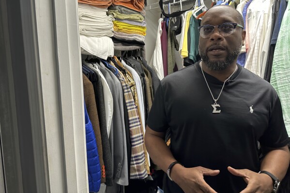 Toi Cliatt talks about the raid in the master bathroom closet he and then-girlfriend Trina Martin hid in after the FBI broke into their home, in Atlanta on Friday, April 25, 2025. (AP Photo/Sudhin Thanawala)