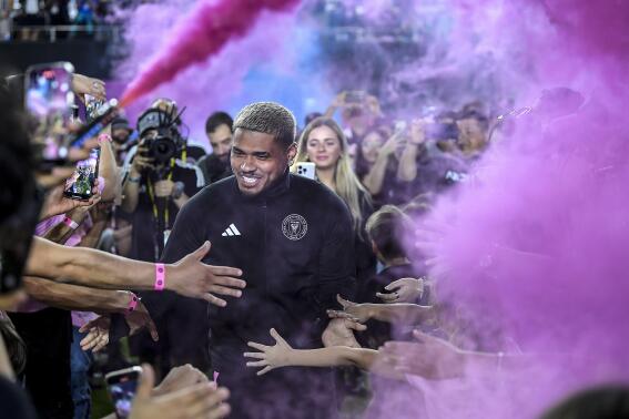 Inter Miami's newest player Josef Martínez is introduced to fans in a special halftime ceremony during a friendly soccer match between Inter Miami and Vasco da Gama, Saturday, Jan. 21, 2023, in Fort Lauderdale, Fla. (AP Photo/Michael Laughlin)