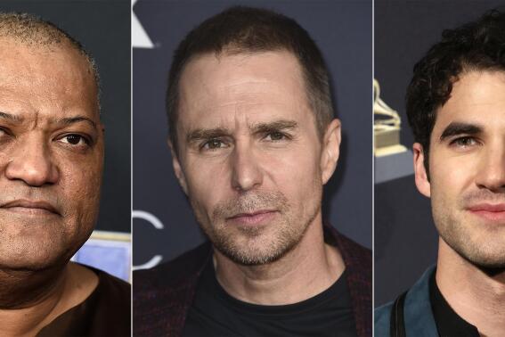 This combination of photos shows, from left, Laurence Fishburne, Sam Rockwell and Darren Criss, who will star in a revival of David Mamet’s “American Buffalo.” Previews begin the week of March 22, 2022 with an opening on April 14, 2022 at the Circle in the Square Theatre in New York. (AP Photo)