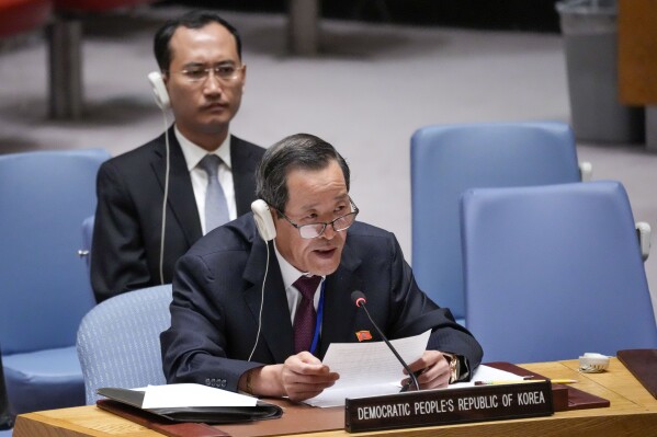 North Korean Ambassador to the United Nations Kim Song addresses a Security Council meeting on Non-proliferation/North Korea, Thursday, July 13, 2023 at United Nations headquarters. (AP Photo/Mary Altaffer)