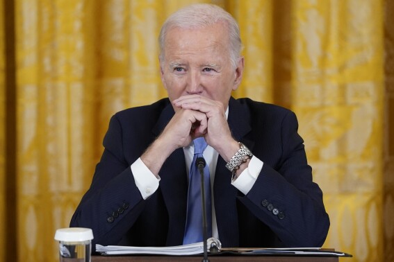 President Joe Biden listens during a meeting with Pacific Islands Forum leaders during the U.S.-Pacific Islands Forum Summit in the East Room of the White House, Monday, Sept. 25, 2023, in Washington. (AP Photo/Evan Vucci)