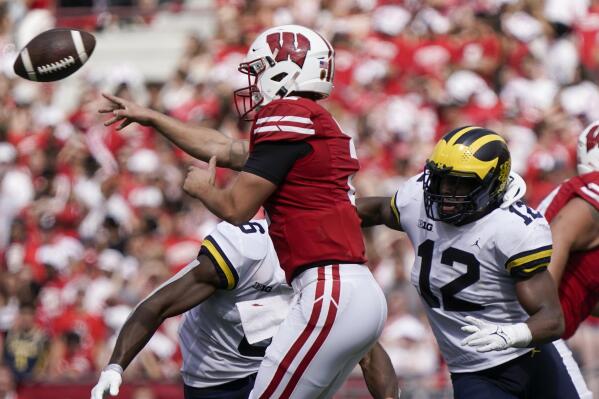 Wisconsin's Chase Wolf throws a pass during the second half of an NCAA college football game against Michigan Saturday, Oct. 2, 2021, in Madison, Wis. (AP Photo/Morry Gash)