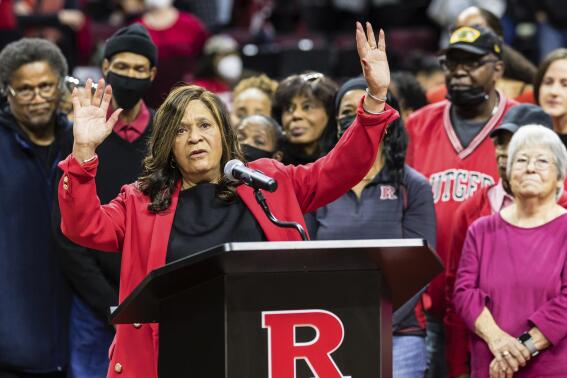 Former Rutgers head coach, C. Vivian Stringer, is honored at a ceremony during half time at the Big Ten Conference women's college basketball game between the Rutgers Scarlet Knights and the Ohio State Buckeyes in Piscataway, N.J., Sunday, Dec. 4, 2022. (AP Photo/Stefan Jeremiah)