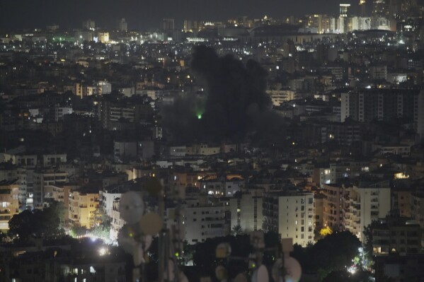 Smoke rises following an Israeli airstrike on Dahiyeh in the southern suburb of Beirut, Lebanon, Thursday, June 5, 2025. (AP Photo/Hassan Ammar)
