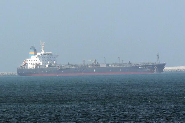 FILE - This undated photo made available by Nabeel Hashmi shows Liberian-flagged oil tanker Pacific Zircon, operated by Singapore-based Eastern Pacific Shipping in Jebel Ali port, in Dubai, United Arab Emirates, on Aug. 16, 2015. Investigators have concluded that an Iranian drone was used to bomb the Pacific Zircon, an oil tanker linked to an Israeli billionaire last week off the coast of Oman, the U.S. Navy said Tuesday, Nov. 22, 2022. (AP Photo/Nabeel Hashmi, File)