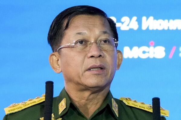FILE - In this June 23, 2021, file photo, Commander-in-Chief of Myanmar's armed forces, Senior Gen. Min Aung Hlaing delivers his speech at the IX Moscow conference on international security in Moscow, Russia. Southeast Asian leaders are meeting Oct. 26-28, 2021 for their annual summit where Myanmar’s top general, whose forces seized power in February and shattered one of Asia’s most phenomenal democratic transitions, has been shut out for refusing to take steps to end the deadly violence. Myanmar defiantly protested the exclusion of Min Aung Hlaing, who currently heads its government and ruling military council, from the summit of the ASEAN. (AP Photo/Alexander Zemlianichenko, Pool, File)