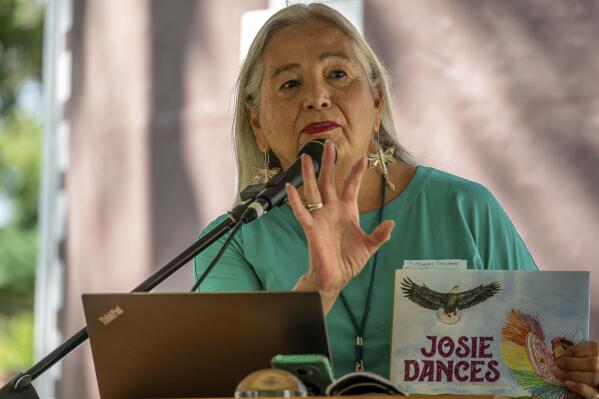 Denise Lajimodiere speaks at the Minnesota Children's Book Festival in Red Wing, Minn., on Sept. 18, 2021. Lajimodiere became North Dakota's first Native American state poet laureate in the state's history on Wednesday, April 5, 2023. (Chap Achen via AP)