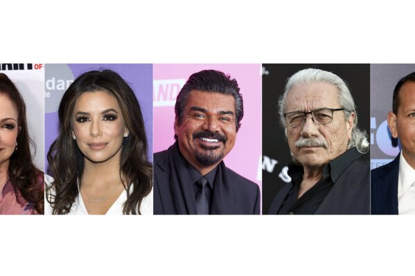 This combination photo shows, from left, musician Gloria Estefan, actress-producer Eva Longoria, comedian George Lopez, actor Edward James Olmos and former New York Yankees baseball player Alex Rodriguez who will take part in a month-long tribute to Hispanic achievements conducted by The Paley Center for Media. (AP Photo)