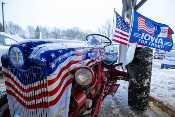 A tractor decorated to show support for Republican presidential candidate former President Donald Trump is displayed outside the the Machine Shed after Donald Trump, Jr. speaks in Urbandale, Iowa, Thursday, Jan. 11, 2024. (AP Photo/Andrew Harnik)