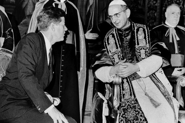 FILE - In this July 2, 1963, file photo President John F. Kennedy and Pope Paul VI talk at the Vatican. Kennedy's meeting with Pope Paul VI at the Vatican was historic: the first Roman Catholic president of the United States was seeing the Roman Catholic pontiff only days after his coronation. President Joe Biden is scheduled to meet with Pope Francis on Friday, Oct. 29, 2021. Biden is only the second Catholic president in U.S. history. (AP Photo, File)