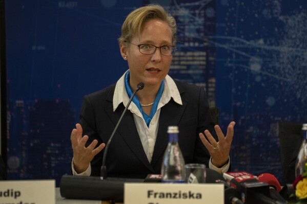 Franziska Ohnsorge, World Bank Chief Economist for South Asia, speaks during the release the October 2023 development updates for India and South Asia, in New Delhi, India, Tuesday, Oct. 3, 2023. (AP Photo/Altaf Qadri)