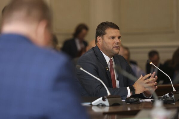 Arkansas Sen. Bart Hester, R-Cave Springs, speaks during a meeting of the Senate Committee on State Agencies and Governmental Affairs regarding new legislation about the state Freedom of Information Act, Tuesday, Sept. 12, 2023, at the state Capitol in Little Rock, Ark. (Colin Murphey/Arkansas Democrat-Gazette via AP)
