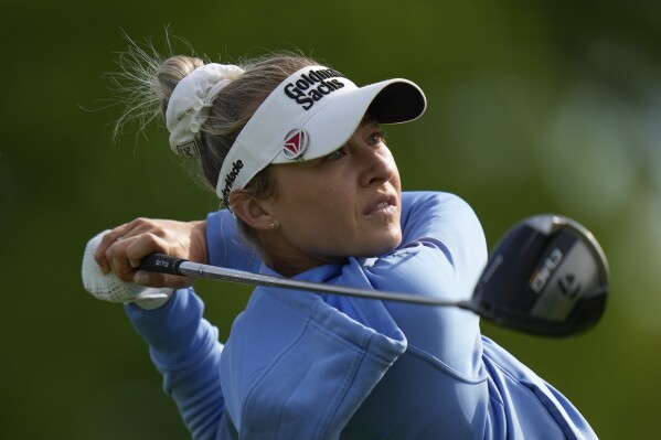 Nelly Korda hits off the 12th tee during the first round of the LPGA Cognizant Founders Cup golf tournament, Thursday, May 9, 2024, in Clifton, N.J. (AP Photo/Seth Wenig)