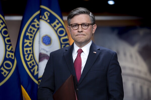 Speaker of the House Mike Johnson, R-La., discusses President Joe Biden's policies at the Mexican border during a news conference at the Capitol in Washington, Thursday, Feb. 29, 2024. (AP Photo/J. Scott Applewhite)