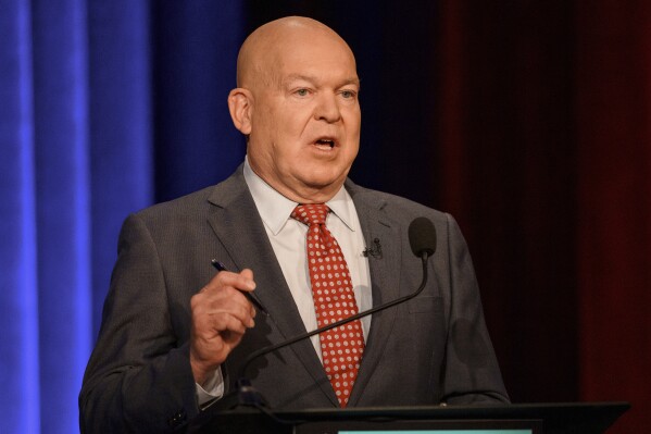 FILE - Georgia Republican Mike Dugan speaks at the 3rd Congressional District debate sponsored by the Atlanta Press Club on Sunday, April 28, 2024, in Atlanta. Dugan is competing with fellow Republican Brian Jack in a Tuesday, June 18, 2024, runoff for the GOP nomination in the district south and west of Atlanta. (AP Photo/Jason Allen, File)