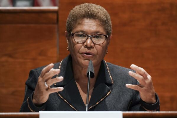 FILE - In this June 17, 2020, file photo, Rep. Karen Bass, D-Calif., speaks on Capitol Hill in Washington. Bass entered the 2022 race for Los Angeles mayor Monday, Sept. 27, 2021, shaking up an already crowded field hoping to replace outgoing Mayor Eric Garcetti. (Greg Nash/Pool Photo via AP, File)
