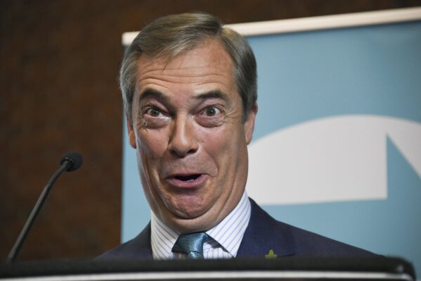 Brexit Party leader Nigel Farage reacts as he launches his party's manifesto ahead of the upcoming General Election, in London, Friday, Nov. 1, 2019.  Farage kicked off the Brexit Party campaign Friday for Britain's December general election.(AP Photo/Alberto Pezzali)