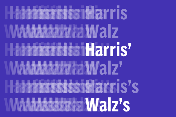 Graphic that spells out Harris, Walz, Harris', Walz', Harris's, Walz's 