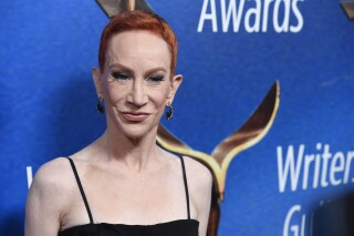 FILE - Kathy Griffin poses at the Writers Guild Awards on Feb. 11, 2018, in Beverly Hills, Calif. Court records in Los Angeles show Griffin filed for divorce from longtime partner Randy Bick on Thursday, Dec. 28, 2023, citing irreconcilable differences. The pair were married on New Year's Day in 2020 after dating for nearly a decade. (AP Photo/Chris Pizzello, File)