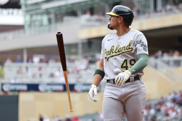 Oakland Athletics first baseman Ryan Noda tosses his bat after striking out during the fifth inning of the team's baseball game against the Minnesota Twins Thursday, Sept. 28, 2023, in Minneapolis. (AP Photo/Andy Clayton-King)