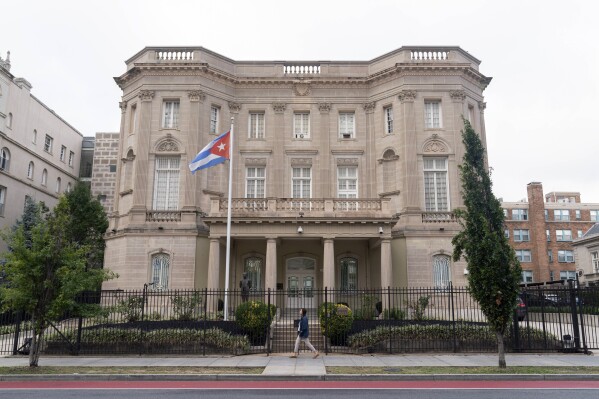 The Cuban Embassy is seen in Washington, Monday, Sept. 25, 2023. U.S. law enforcement officials have launched an investigation after a Molotov cocktail was thrown at the Cuban Embassy in Washington. There was no fire or significant damage to the building. (AP Photo/Jose Luis Magana)