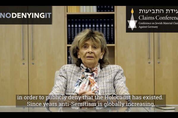 This photo taken on Tuesday, July 28, 2020 from an undated video shows former President of Central Council of Jews in Germany Charlotte Knobloch recording a message for Facebook's Mark Zuckerberg. Holocaust survivors around the world are lending their voices to a campaign launched Wednesday July 29, 2020, targeting Facebook head Mark Zuckerberg, urging him to take action to remove denial of the Nazi genocide from the social media site. Charlotte Knobloch is a Holocaust survivor who today lives in Munich. (Jewish Claims Conference via AP)