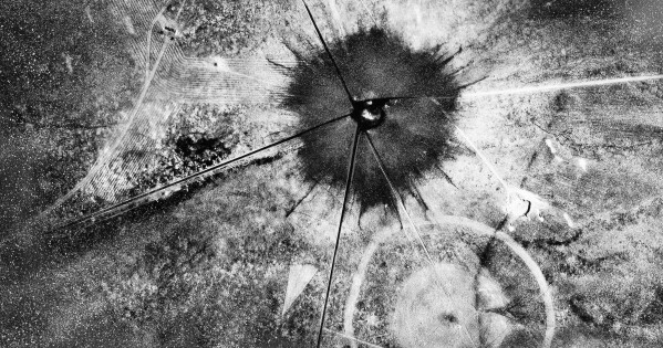 FILE - This photo shows an aerial view after the first atomic explosion at the Trinity Test Site near Alamogordo, N.M., on July 16, 1945. The New Mexico site where the world’s first atomic bomb was detonated is expecting thousands of visitors Saturday due to the popularity of the movie, "Oppenheimer." Trinity Site, a designated National Historic Landmark, only opens to the public twice a year. (AP Photo, File)