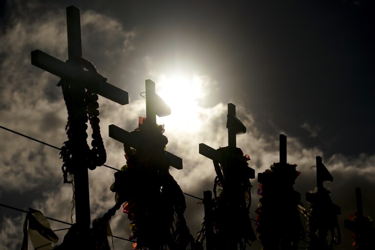 FILE - Leis and flowers adorn crosses at a memorial for victims of the August wildfire above the Lahaina Bypass highway, Wednesday, Dec. 6, 2023, in Lahaina, Hawaii. (APPhoto/Lindsey Wasson, File)
