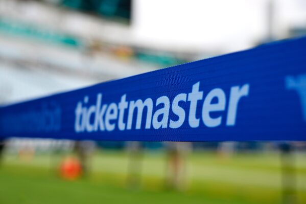 An advertisement for Ticketmaster is viewed along an area reserved for special guests on the sideline of the field before an NFL football game, Sunday, Sept. 15, 2024, in Jacksonville, Fla. (AP Photo/Phelan M. Ebenhack, file)