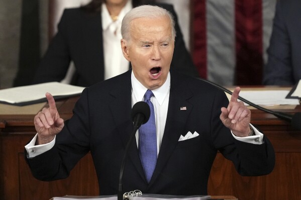 President Joe Biden delivers the State of the Union address to a joint session of Congress at the U.S. Capitol, Thursday March 7, 2024, in Washington. (AP Photo/Andrew Harnik)