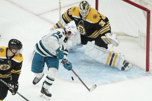 San Jose Sharks left wing Alexander Barabanov (94) is unable to get the puck past Boston Bruins goaltender Linus Ullmark (35) in the second period of an NHL hockey game, Sunday, Jan. 22, 2023, in Boston. (AP Photo/Steven Senne)