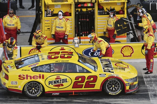 Joey Logano (22) stops for fuel during the NASCAR Daytona 500 auto race at Daytona International Speedway, Monday, Feb. 19, 2024, in Daytona Beach, Fla. (AP Photo/David Graham)