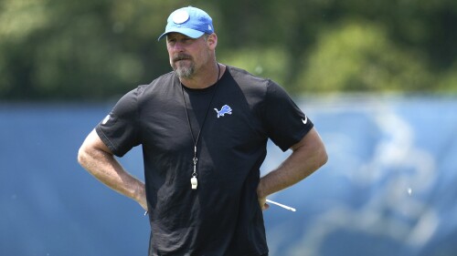 FILE - Detroit Lions head coach Dan Campbell watches during an NFL football practice in Allen Park, Mich., Thursday, June 8, 2023. The Lions are entering the season with the highest expectations they’ve had in years. (AP Photo/Paul Sancya, File)