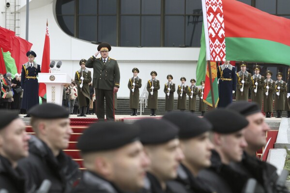 In this photo, released by Belarus' Presidential Press Service, Belarusian President Alexander Lukashenko attends ceremony of military personnel taking the oath of allegiance to the Belarusian people and the President of the Republic of Belarus after his inauguration in Minsk, Belarus, Tuesday, March 25, 2025. (Belarus' Presidential Press Service via AP)