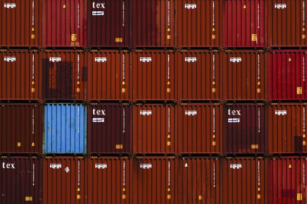 Shipping containers are seen at Port Jersey, Friday, April 18, 2025, in Jersey City, N.J. (AP Photo/Julia Demaree Nikhinson)