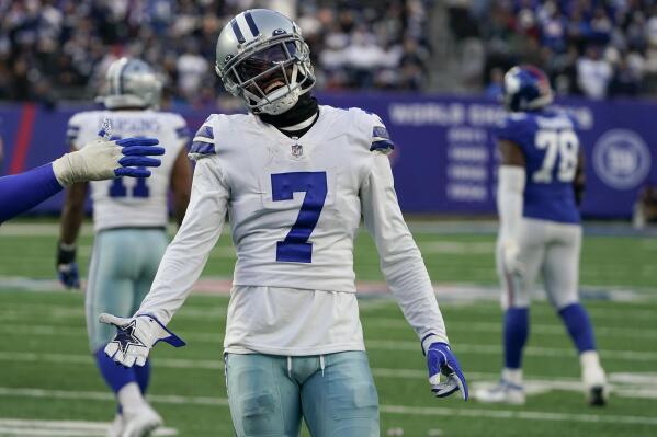 Dallas Cowboys cornerback Trevon Diggs (7) reacts after breaking up a pass in the end zone against the New York Giants during the fourth quarter of an NFL football game, Sunday, Dec. 19, 2021, in East Rutherford, N.J. (AP Photo/Seth Wenig)