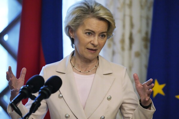 European Commission President Ursula von der Leyen gestures during a joint press conference with Philippine President Ferdinand Marcos Jr., not shown, at the Malacanang Presidential Palace in Manila, Philippines, Monday, July 31, 2023. (AP Photo/Aaron Favila, Pool)