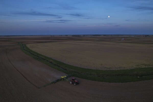 Mark Woodruff plants soybeans, Monday, April 22, 2024, in Sabina, Ohio. When farmers have to wait for fields to dry out, already long planting days can become endurance tests that stretch into the night.(AP Photo/Joshua A. Bickel)