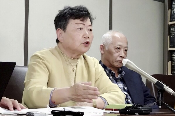 Plaintiff Eiko Kawasaki speaks during a press conference in Tokyo, Monday, Oct. 30, 2023. Tokyo high court Monday acknowledged North Korea's responsibility over the yearslong suffering of those who joined the 