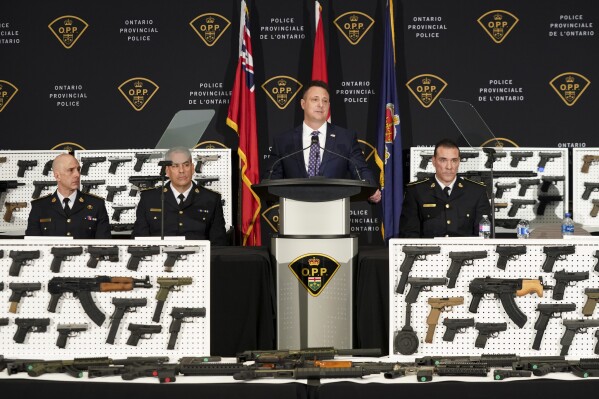 U.S. Homeland Security Investigations Buffalo Special Agent In Charge, Matthew Scarpino speaks at a press conference to announce the results of a multi-jurisdictional investigation by the Ontario Provincial Police (OPP) and U.S. Homeland Security Investigations (HSI), Thursday, Feb. 22, 2024. at OPP Headquarters in Orillia, Ontario, (Arlyn McAdorey/The Canadian Press via AP)