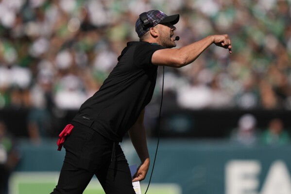 Philadelphia Eagles head coach Nick Sirianni gestures during the first half of an NFL football game against the Cleveland Browns on Sunday, Oct. 13, 2024, in Philadelphia. (AP Photo/Matt Slocum)