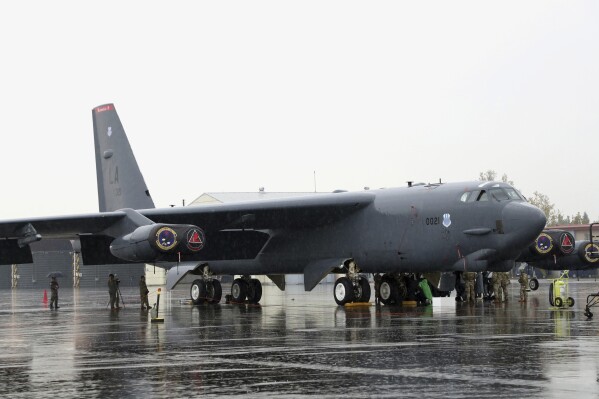 In this photo provided by the South Korea Defense Ministry via Yonhap News Agency, a U.S. Air Force B-52 bomber is parked at an air base in Cheongju, South Korea, Thursday, Oct. 19, 2023. (South Korea Defense Ministry/Yonhap via AP)