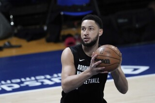 Brooklyn Nets guard Ben Simmons practices during a training session on the eve of the NBA basketball game between Brooklyn Nets and Cleveland Cavaliers, in Levallois-Perret, outside Paris, Wednesday, Jan. 10, 2024. (AP Photo/Thibault Camus)
